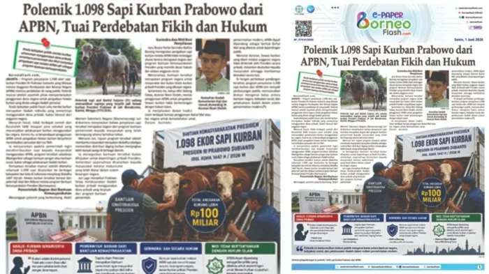 Headline E-paper BorneoFlash.com Edisi Senin 1 Juni 2026: Polemik 1.098 Sapi Kurban Prabowo dari APBN, Tuai Perdebatan Fikih dan Hukum
