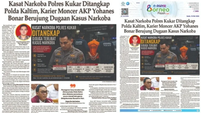 Headline E-paper BorneoFlash.com Edisi Senin 18 Mei 2026: Kasat Resnarkoba Polres Kukar Ditangkap, Karier Moncer Berujung Dugaan Kasus Narkoba