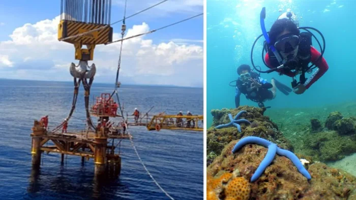 Anak perusahaan PHI lainnya, yakni PHKT mengimplementasikan proyek percontohan dengan metode rig to reef (foto: kiri) untuk konservasi keanekaragaman hayati di sekitar Karang Segajah Bontang. Foto: HO/PHI