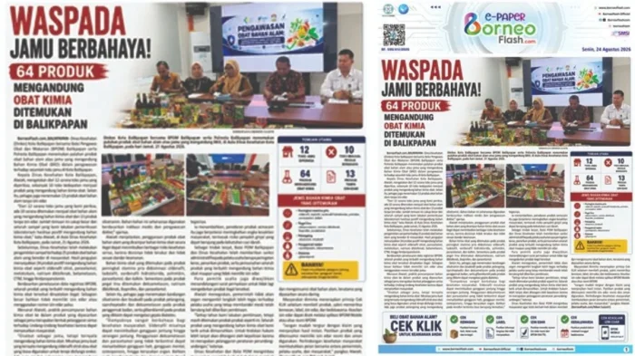 Headline E-Paper BorneoFlash.com Edisi Senin 24 Agustus 2026: Waspada Jamu Berbahaya! 64 Produk Mengandung Obat Kimia Ditemukan di Balikpapan 