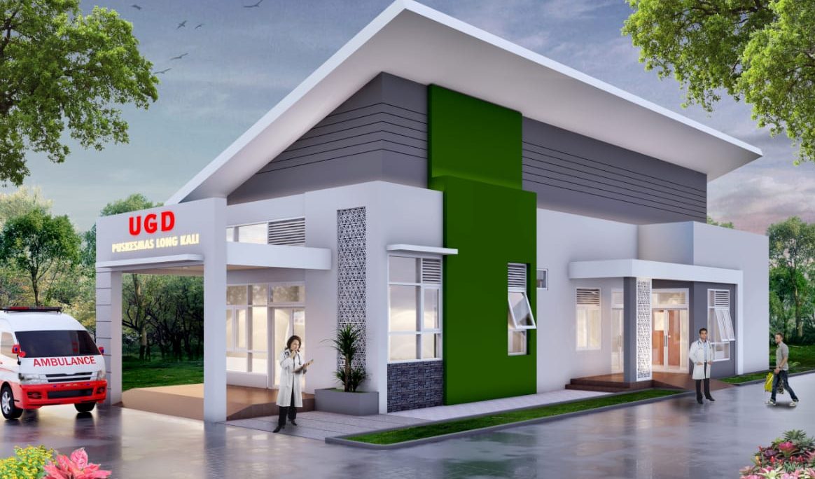 Serah terima hibah oleh Konsul Jenderal Jepang di Surabaya Masaki Tani kepada Pemerintah Kabupaten Paser melalui Virtual serta gambar gedung UGD Puskesmas Long Kali yang rencananya akan dibangun.