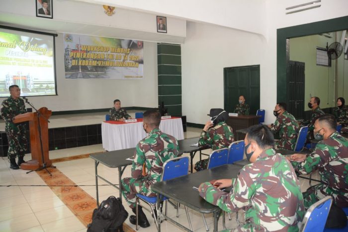 Dispenad Adakan Workshop Menulis Penerangan TNI AD TA 2021 yang dilaksanakan di Aula Ksatria Jaya Denharjasa VI-44-12 Bekangdam VI/Mulawarman yang dihadiri perwakilan seluruh Satuan Jajaran Kodam VI/Mulawarman. Rabu (2/6/2021). Foto : Ho/Pendam VI/Mulawarman.