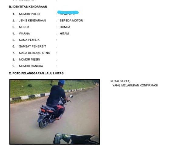 Salah satu contoh surat pemberitahuan tilang elektronik yang harus dikonfirmasi kembali dan menunjukkan bukti pelanggaran yang tertangkap kamera petugas. Foto : HO/Satlantas Polres Kutai Barat.