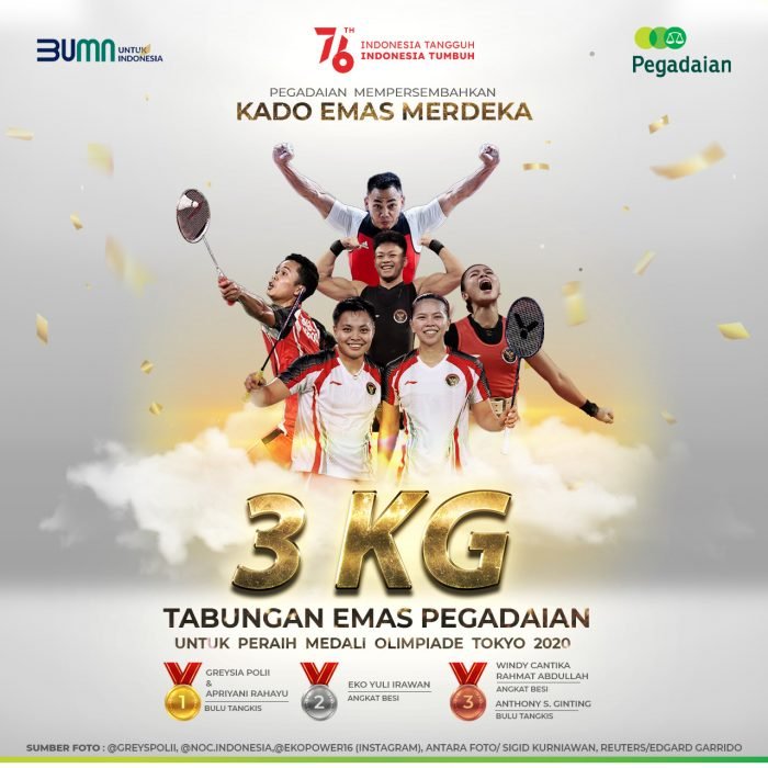 PT Pegadaian (Persero) memberikan apresiasi kepada para atlet yang berprestasi dengan guyuran tabungan emas di ajang Olimpiade Tokyo 2020. Foto : HO.