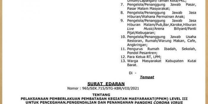 PPKM di Kubar Turun Level 3, Tempat Wisata dan Pasar Malam Belum Boleh Buka 