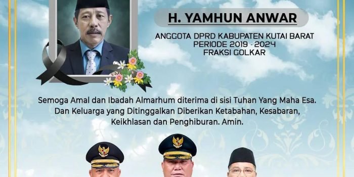 Ucapan belasungkawa yang disampaikan Pemerintah Kabupaten Kutai Barat melalui akun media sosial resminya atas meninggalnya salah satu Anggota DPRD Kubar, Yamhun Anwar. Foto : Akun Resmi @humaskubar.