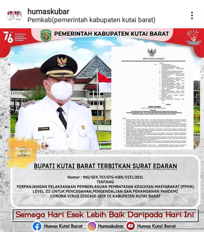 Tangkapan Layar surat edaran Bupati Kutai Barat berkaitan peraturan perpanjangan PPKM level PPKM level 3 di wilayah Kutai Barat.
