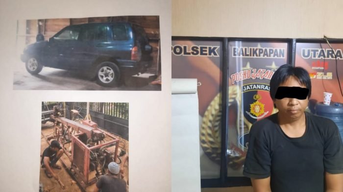 Pelaku DS (37) dan Barang Bukti yang telah di amankan Jajaran Polsek Balikpapan Utara, Atas Kasus Pencurian Kendaraan Mobil Dengan Modus Pretel. Foto : BorneoFlash.com/Muhammad Eko.