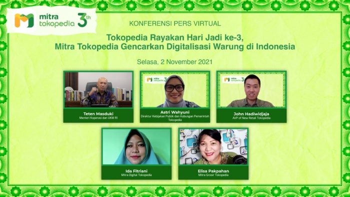 Konferensi pers Tokopedia Rayakan Hari Jadi ke-3, Mitra Tokopedia Gencarkan Digitalisasi Warung di Indonesia  yang dihadiri Menteri Koperasi dan UKM RI, Teten Masduki. Foto : HO.