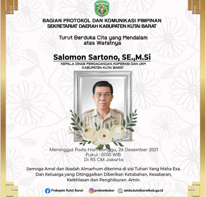 Screenshot ucapan dukacita di laman instagram resmi pemerintah Kutai Barat (kubar) atas meninggalnya Kepala Dinas Koperasi dan Usaha Kecil Menengah (Disdagkop-UKM) Kutai Barat, Salomon Sartono.
