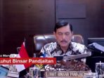 Menteri Koordinator Bidang Kemaritiman dan Investasi yang juga Koordinator Penanganan PPKM Wilayah Jawa-Bali, Luhut Binsar Pandjaitan, Saat keterangan pers evaluasi PPKM secara virtual, Senin (7/3/2022). Foto: HO/Screenshot Video Detik.com