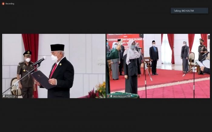 Screenshot Video Gubernur Kaltim Melantik Sri Wahyuni sebagai Sekretaris Daerah Pemprov Kaltim di Pendopo Odah Etam, Kantor Gubernur Kaltim, pada Rabu (30/3/2022) pagi. Foto: HO/Humasprov Kaltim.