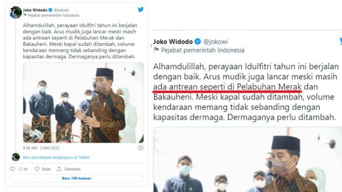 Presiden Joko Widodo (Jokowi) menyebut kemacetan kendaraan yang menuju Pelabuhan Merak, Banten sebagai antrean. Tangkapan layar akun twitter @jokowi.