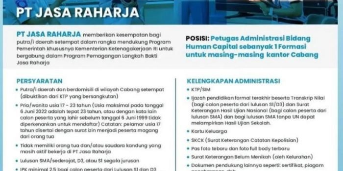 Jasa Raharja Buka Lowongan Kerja Magang Lulusan SMA/SMK, D3, dan S1