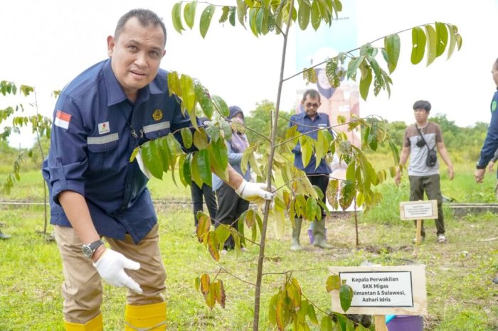 Kepala SKK Migas Kalsul, Azhari Idris Saat Melakukan Penanaman Pohon Sebagai dukungan langsung mengurangi emisi dan gas karbon. Foto: HO/SKK Migas Kalsul.