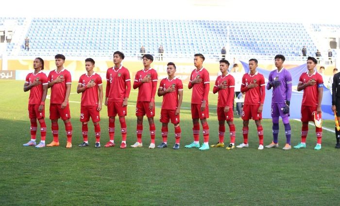 Tim U-20 Indonesia pada laga perdana Piala AFC U-20 2023 di Stadion Lokomotiv, Tashkent, Rabu (1/3/2023). Foto: HO/pssi.org.