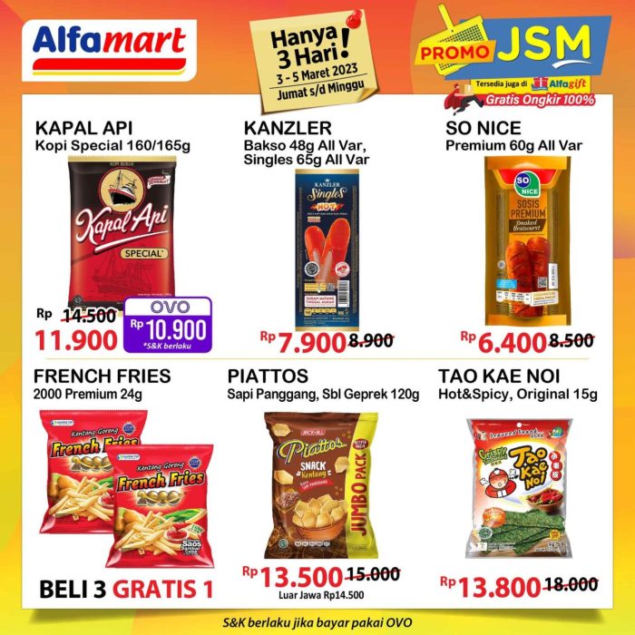Katalog Promo JSM Alfamart Tao kae noi seharga Rp 13.800, dan Piattos seharga Rp 13.500. Selain itu, tersedia promo French fries beli 3 gratis 1.