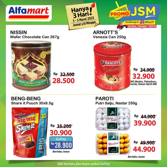 Produk-produk lainnya yang ditawarkan meliputi Paroti nastar seharga Rp 44.900, Beng beng share it seharga Rp 28.900, Nissin wafer seharga Rp 28.500, Artnotts seharga Rp 32.900,