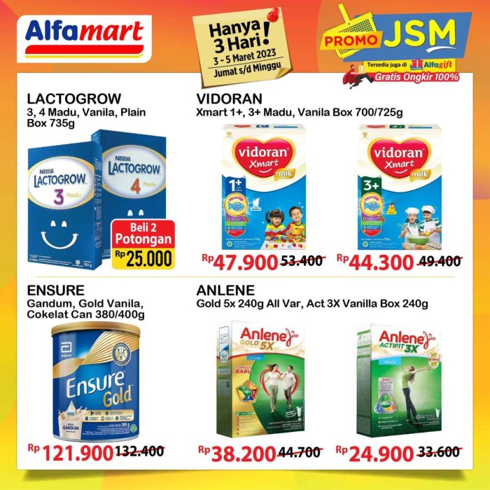 Katalog Promo JSM Alfamart Anlene seharga Rp 38.200, Kapal api seharga Rp 11.900, Kanzler sosis seharga Rp 7.900, So nice seharga Rp 6.400, Tao kae noi seharga Rp 13.800, dan Piattos seharga Rp 13.500. Selain itu, tersedia promo French fries beli 3 gratis 1.