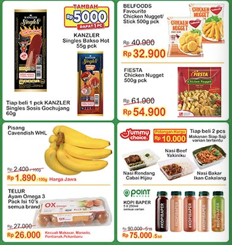 Promo Indomaret Tanggal 1-7 Maret Kanzler singles Bakso HOT, 55gr, Belfood Favorite Chicken Nugget stick 500 Gram, Fiesta Chicken Nugget, Pisang Canvendish Whl, Telur Ayam Omega 3 isi 10 pcs, Yummy Chicken,Point Koffee Baper