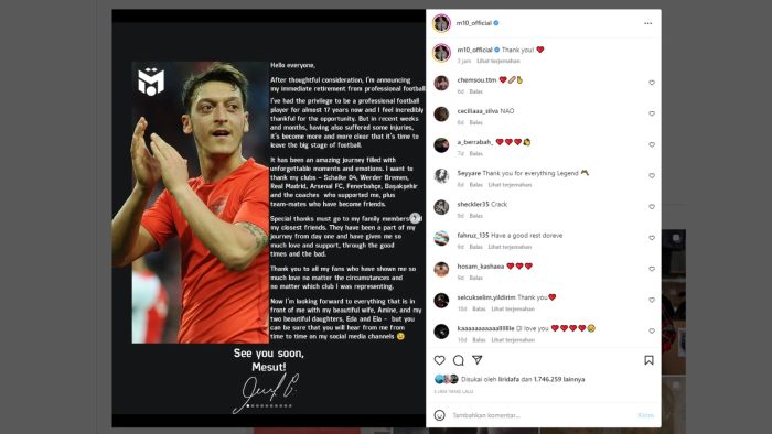 Mesut Oezil resmi memutuskan pensiun dari sepakbola melalui unggahan di akun media sosial miliknya. FOTO: IST/akun instagram m10_official