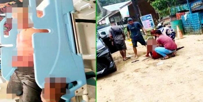 Warga berlarian untuk memberi pertolongan kepada HE yang jatuh terkapar bersimbah darah di pekarangan rumahnya di Kampung Benggaris, Kecamatan Muara Lawa lantaran dibacok JR (24) yang merupakan tetangganya sendiri. Foto: HO/WA Group.