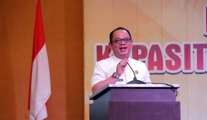 Sekretaris Daerah (Sekda) Dr. Stephanus Madang menghadiri dan membuka secara resmi acara Penguatan Pemahaman Kapasitas Sumber Daya Manusia (SDM) melalui Aplikasi TEPRA, di Ballroom Hotel Aston Samarinda, Rabu (12/04/2023). Foto: HO/Prokopim Mahulu.