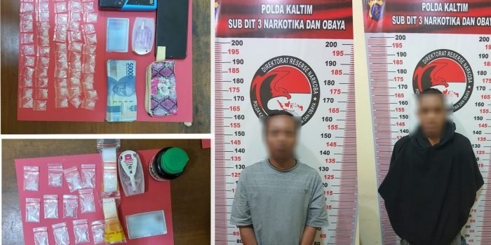 Dua tersangka penyalahgunaan narkotika beserta barang bukti, diamankan di Subdit III Ditresnarkoba Polda Kaltim. Foto: HO/Humas Polda Kaltim.