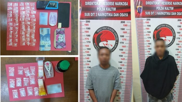 Dua tersangka penyalahgunaan narkotika beserta barang bukti, diamankan di Subdit III Ditresnarkoba Polda Kaltim. Foto: HO/Humas Polda Kaltim.