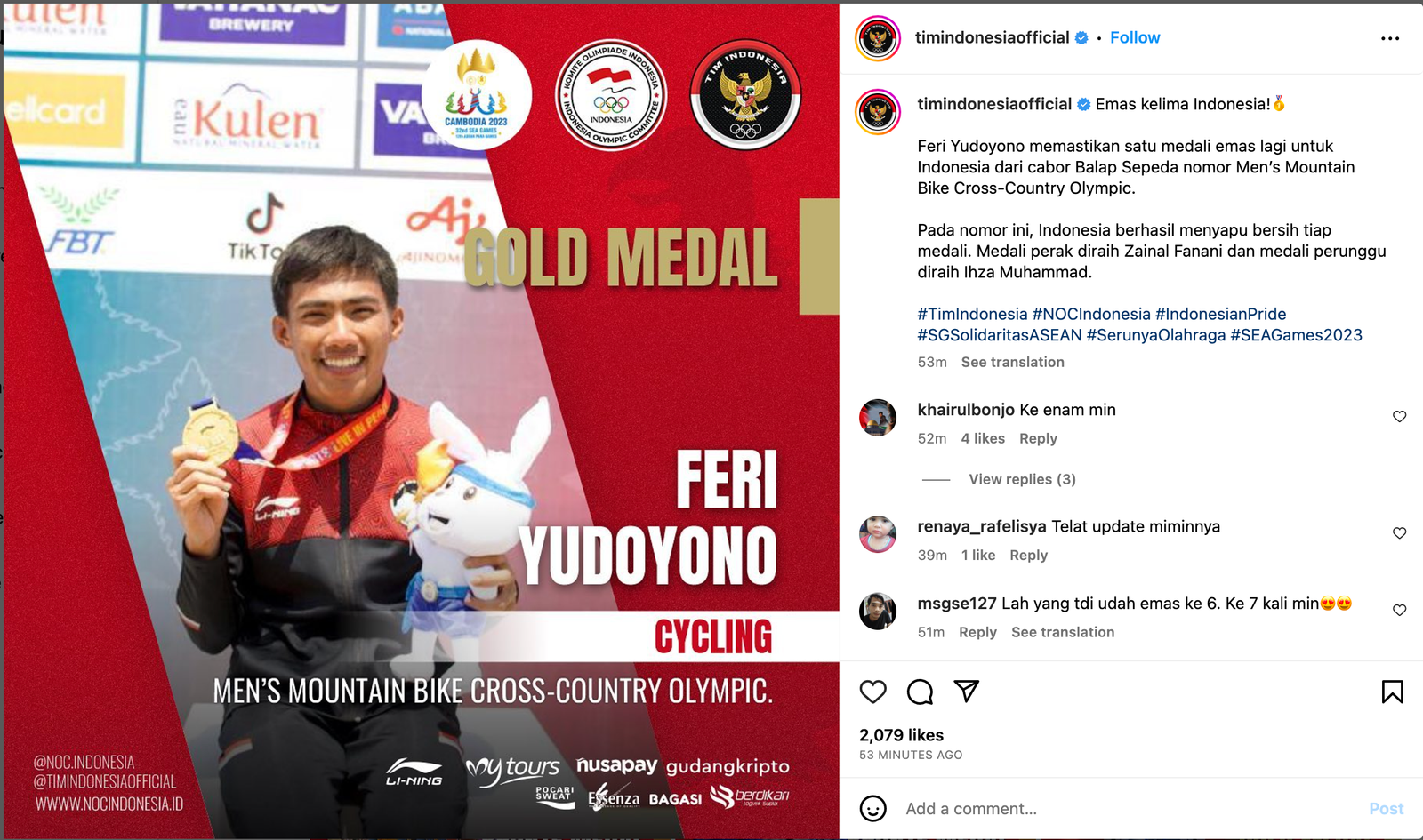 Sea Games 2023 Kamboja Kontingen Indonesia Terus mengejar perolehan medali. Pada Cabor MTB Menyumbangkan 3 Medali Emas Perak dan Perunggu. Foto: Tim Indonesia Official/Instagram