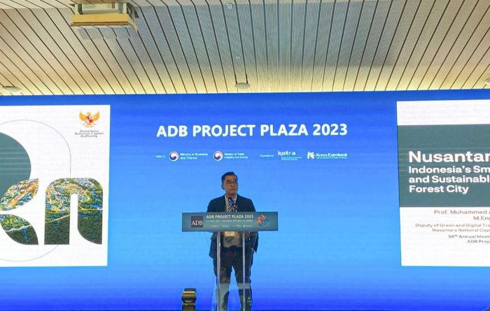 Deputi Bidang Transformasi Hijau dan Digital OIKN, Mohammed Ali Berawi dalam paparannya, pada acara Global Project Plaza 2023 dalam rangkaian acara 56th Asian Development Bank (ADB) Annual Meeting di Incheon, Korea Selatan, pada Kamis (4/5/2023). Foto: Ist