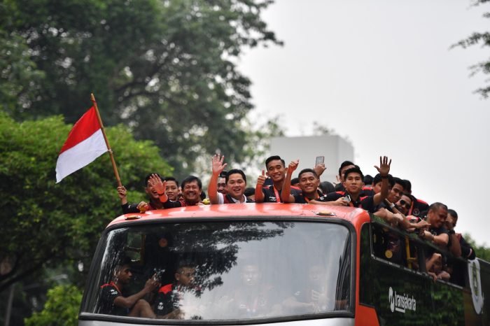Perayaan kemenangan Timnas U-22 di Gelora Bung Karno (GBK), Jakarta, Jumat (19/5/2023) Lalu. Foto: HO/pssi.org.