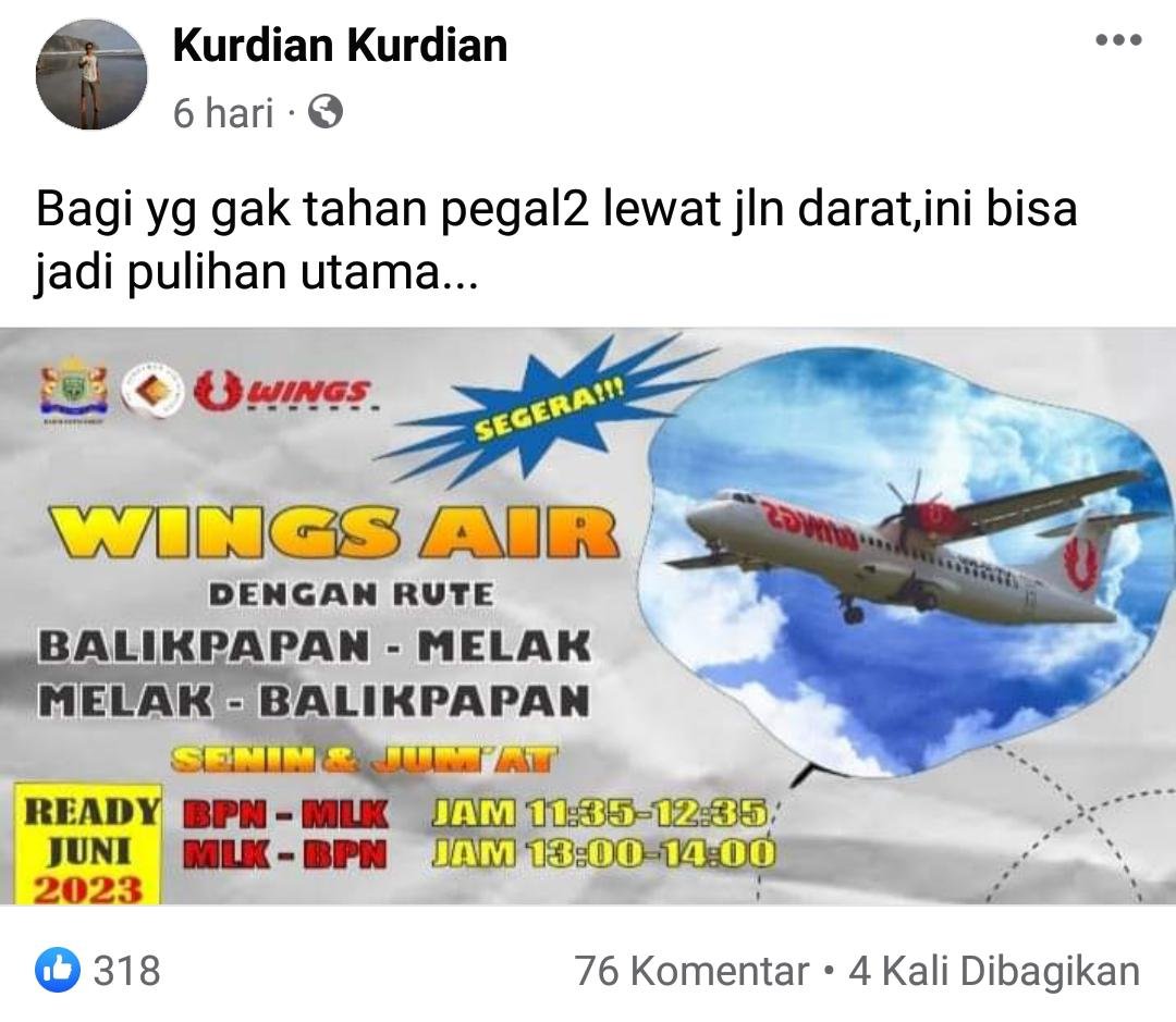 Belum Jelas Kapan Mendarat di Kubar, Informasi Harga Tiket Pesawat Wings Air Sudah Tersebar 