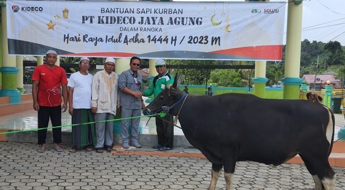 Wakil Direktur Produksi sekaligus Ketua DKM Kideco, Hery Cahyono menyerahkan bantuan sapi kurban kepada pengurus Masjid As-Salam Batu Sopang. Foto: HO/Kideco.