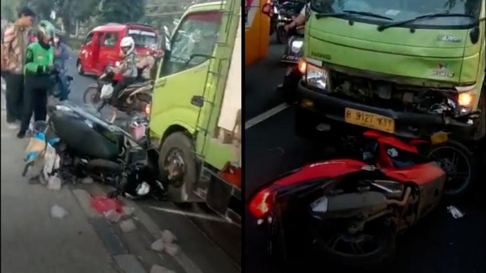7 pemotor alami kecelakaan ditabrak truk di Lenteng Agung, Jakarta Selatan, pada Selasa (22/08/2023). Foto: Istimewa