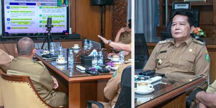 Bupati Mahulu Bonifasius Belawan Geh, menghadiri Vidcon Rakor dalam rangka Monitoring dan Evaluasi P3DN pada Pemerintah Daerah bersama OPD terkait di Rumah Dinas Bupati Mahulu, Senin (18/09/2023). Foto: HO/Prokopim Mahulu.