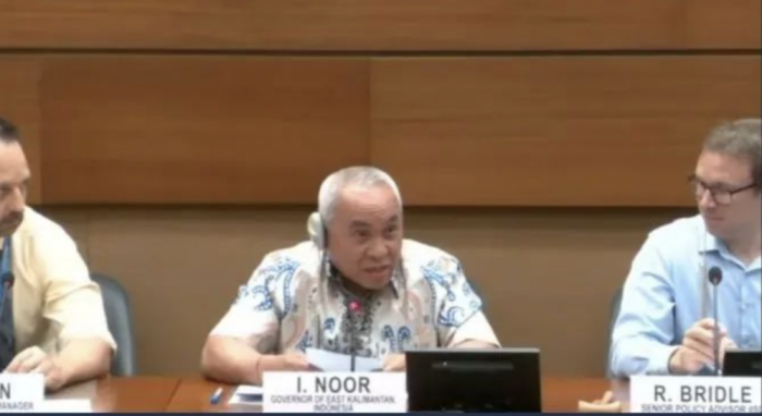 Gubernur Kalimantan Timur Dr H Isran Noor menjadi salah satu pembicara dalam forum webinar internasional  “Mobilisasi Pendanaan Perubahan Iklim untuk Mempercepat Aksi Perubahan Iklim” yang berlangsung secara hybrid ini dilaksanakan di Palais des Nations Building E Room XXII, Jenewa, Swiss, pada Selasa (5/9/2023). Foto: HO/diskominfo.kaltimprov.go.id