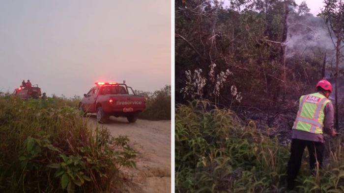 Kebakaran lahan di lahan kosong di atas perum Melati Sepinggan, Balikpapan, Sabtu (23/9/2023) sekira pukul 18.20 Wita. Foto: HO/Humas Polda Kaltim.
