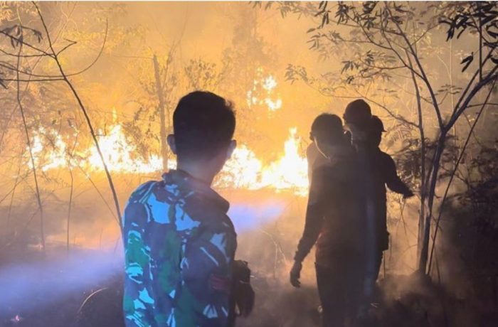Petugas gabungan yang terdiri dari BPBD Kubar dan jajaran TNI - Polri serta unsur relawan bahu-membahu berjibaku memadamkan api yang membakar lahan di beberapa lokasi yang berbeda di wilayah Kabupaten Kutai Barat, Kalimantan Timur. Foto: BorneoFlash.com/Ist.