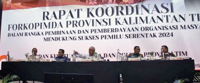 Rakor Forkopimda yang digelar dalam Rangka Pembinaan dan Pemberdayaan Organisasi Masyarakat Mendukung Sukses Pemilu Serentak 2024 oleh Badan Kesbangpol Provinsi Kaltim, dibuka dan dipimpin langsung oleh Gubernur Kaltim Isran Noor. Foto: HO/Prokopim Mahulu.