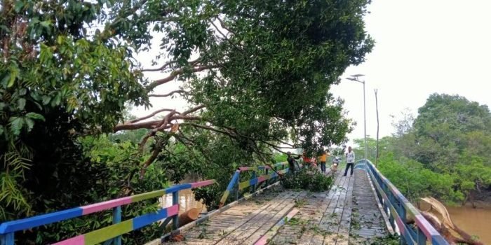 Bencana alam angin puting beliung merusak puluhan rumah dan fasilitas umum di Kampung Muara Beloan, Kecamatan Muara Pahu, Kabupaten Kutai Barat Kalimantan Timur, pada Senin (15/10/2023) lalu. Foto: BorneoFlash.com/Ist.