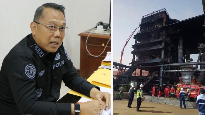 Kabid Humas Polda Kaltim Kombes Pol Yusuf Sutejo berikan penjelasan terkait kebakaran pabrik smelter nikel PT KFI (Kalimantan Ferro Industri) Sanga-sanga, Kamis (12/10/2023). Foto: HO/Humas Polda Kaltim.