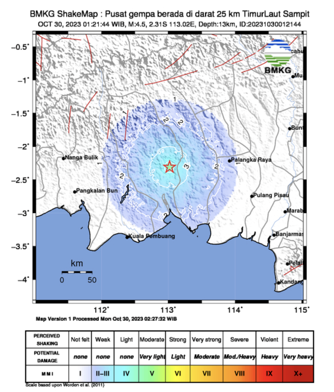 Gempa Bumi Magnitudo 4,5 Guncang Sampit, Ketapang, dan Sekitarnya