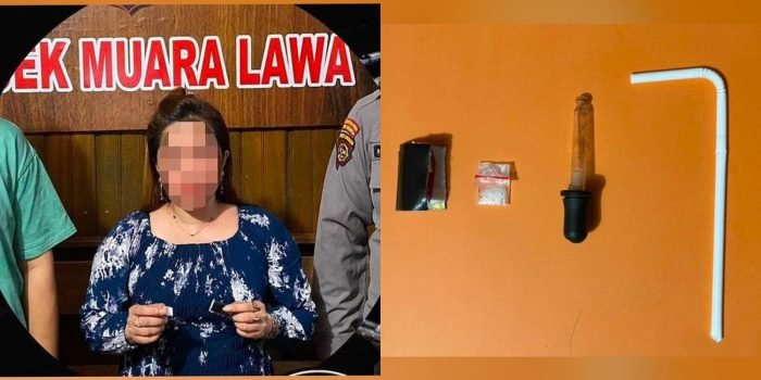 Wanita berinisial SK (41) dan Barang Bukti Sabu berhasil ditangkap Polsek Muara Lawa Polres Kubar bersama teman lelakinya di kamar penginapan di Kampung Muara Lawa, Kecamatan Muara Lawa, Kabupaten Kutai Barat, pada Kamis malam (20/10/2023). Foto: HO/Humas