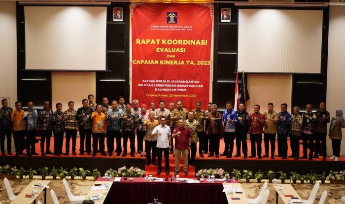 Kantor Wilayah Kemenkumham Kalimantan Timur gelar Rapat Koordinasi Evaluasi dan Capaian Kinerja Tahun 2023, di Tokyo Ballroom Hotel Bumi Segah Tanjung Redeb, pada hari Kamis, (23/11/2023). Foto: BorneoFlash.com/Ist.