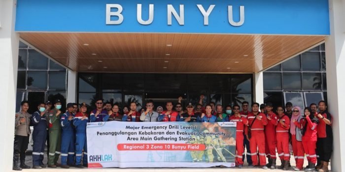 PT Pertamina EP (PEP) Bunyu Field menggelar Kegiatan Simulasi Tanggap Darurat Level 1 Penanggulangan Kebakaran Dan Evakuasi Masyarakat. Foto: HO/PT PEP.