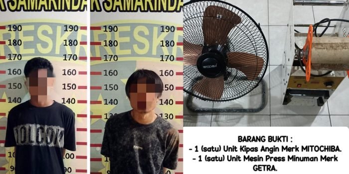 Pelaku pencurian di 2 sekolah, R (34) dan MAH (22) diamankan di Polsek Samarinda Kota beserta barang bukti. Foto: HO/Humas Polda Kaltim