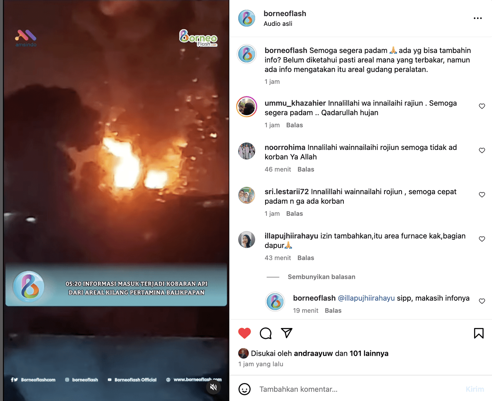 Kebakaran hebat melanda kilang Pertamina Balikpapan di Kalimantan Timur pada pagi ini, Sabtu (25/5/2024), sekitar pukul 04.50 WITA.