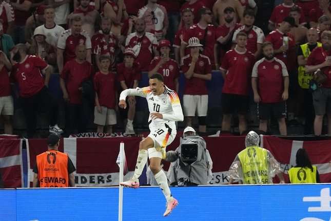 Jamal Musiala usai mencetak gol pada laga Jerman vs Denmark di Euro 2024. Foto: Ist/AP Photo-Frank Augstein