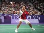 Tunggal putra Indonesia Anthony Sinisuka Ginting saat melawan tunggal Amerika Serikat Howard Shu pada babak penyisihan Grup H Olimpiade Paris 2024 di Porte De La Chapella Arena, Paris, Prancis, Minggu (28/7/2024). Foto: AP PHOTO